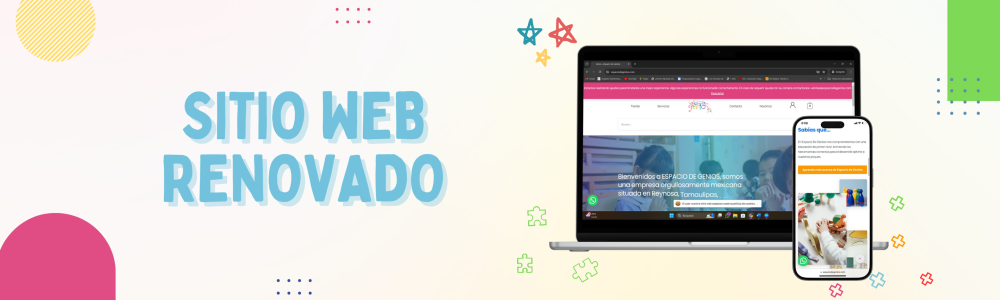 Banner de Sitio web Renovado con un elemento de computadora y telefono con el sitio web de Espacio de Genios